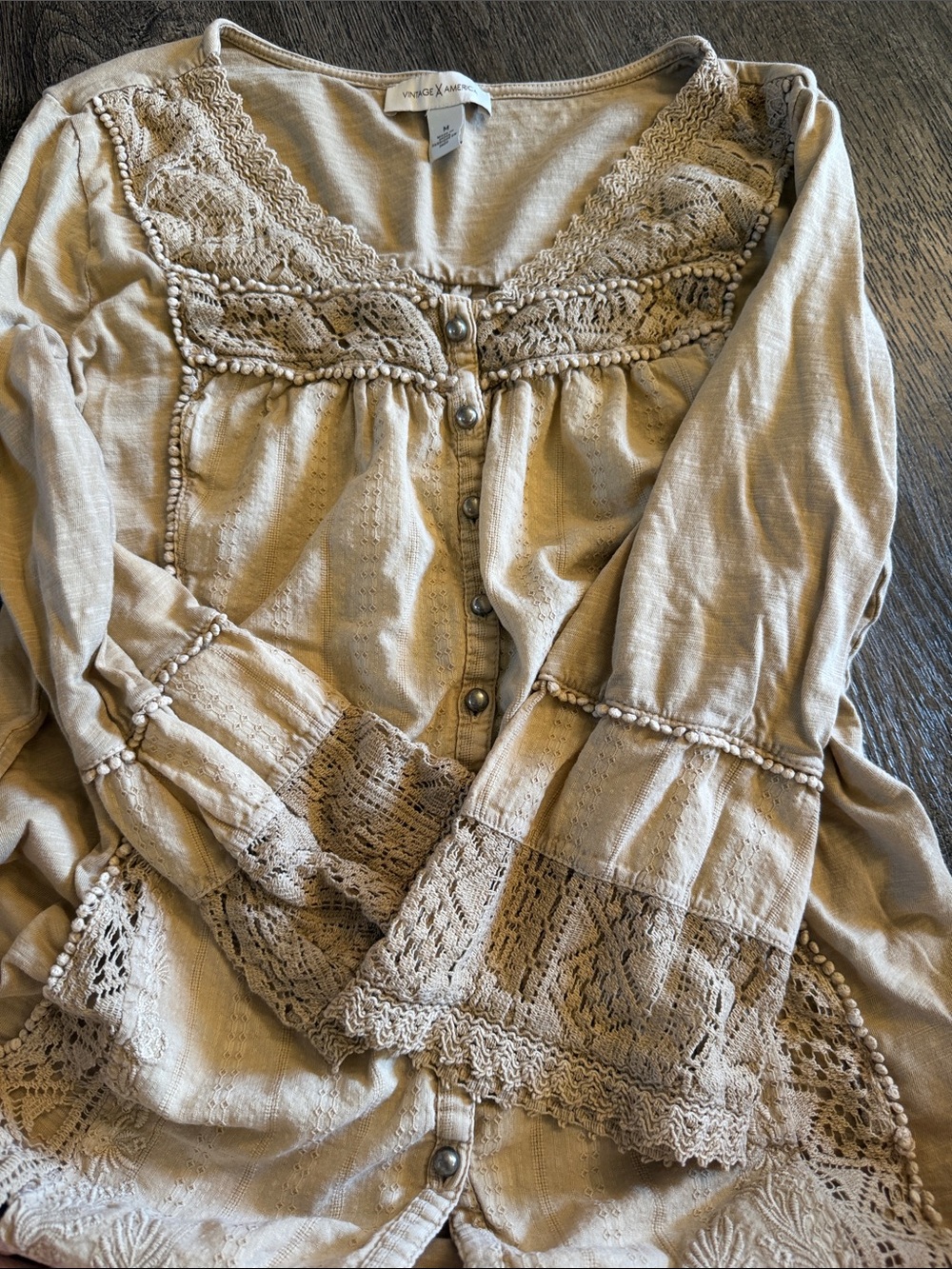 Vintage America Cream Crochet-Trim Button Front Blouse